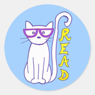 Sticker Rond Chat blanc avec lunettes violettes avec panneau de