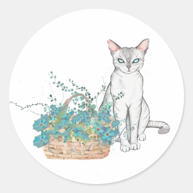 Sticker Rond Chat blanc élégant avec panier de fleurs bleues (Devant)