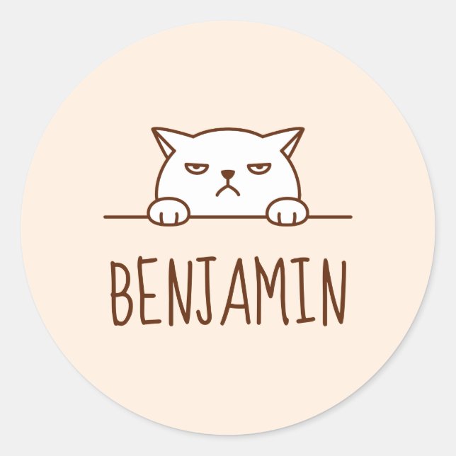 Sticker Rond Chat blanc en colère Beige Nom personnalisé (Devant)