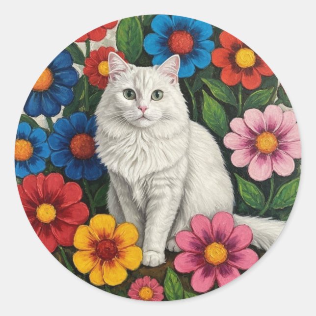 Sticker Rond Chat Blanc Fluffy et Fleurs d'Art Populaire (Devant)