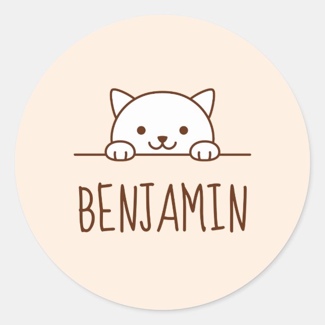 Sticker Rond Chat blanc Pékin au-dessus de Nom personnalisé (Devant)