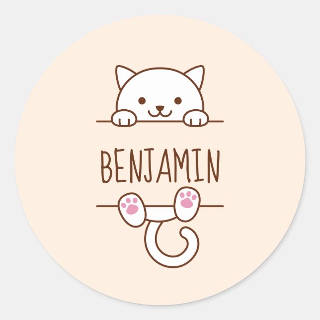 Sticker Rond Chat blanc Pékin derrière Nom personnalisé (Devant)