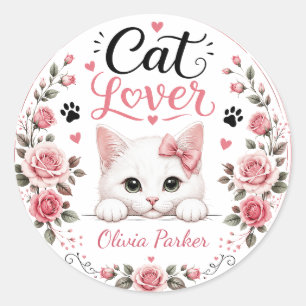 Sticker Rond Chat Blanc Personnalisé Amoureux Nom Roses Roses