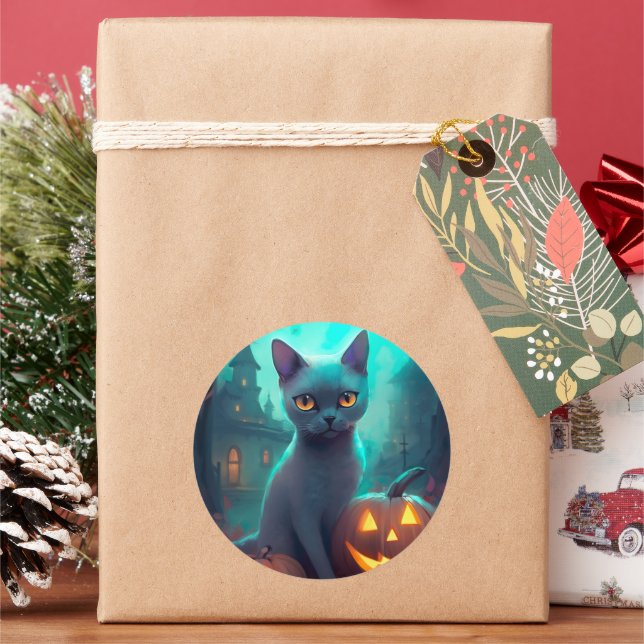 Sticker Rond Chat bleu russe d'Halloween avec la peur Citrouill (vacances)