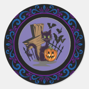 Sticker Rond Chat bleu violet noir Chat Tombstone Chats Hallowe