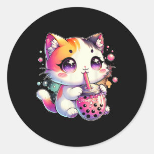 Sticker Rond Chat Boba Tea Anime Japonais Kawaii Neko Bubble Te