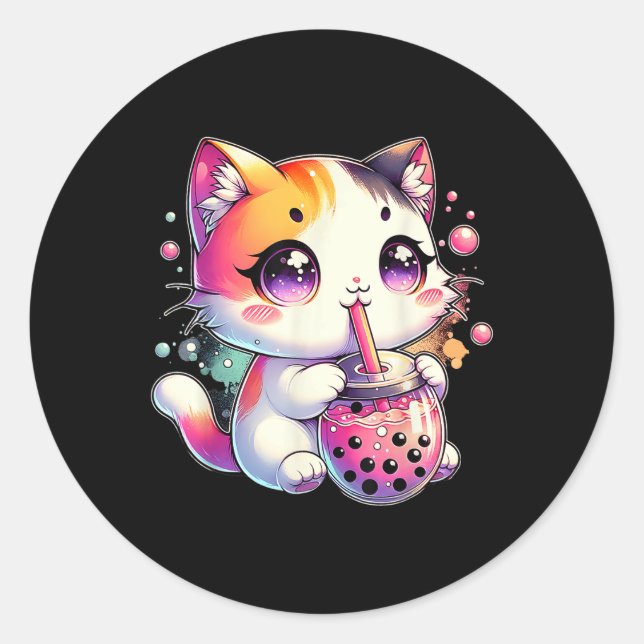 Sticker Rond Chat Boba Tea Anime Japonais Kawaii Neko Bubble Te (Devant)