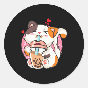 Sticker Rond Chat Boba Tea Bubble Tea Anime Kawaii Neko Kids Te