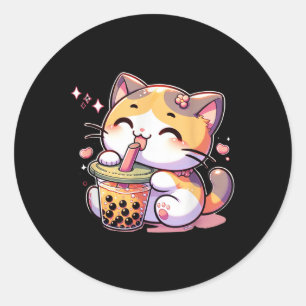 Sticker Rond Chat Boba Tea Bubble Tea Anime Kawaii Neko Kids Te