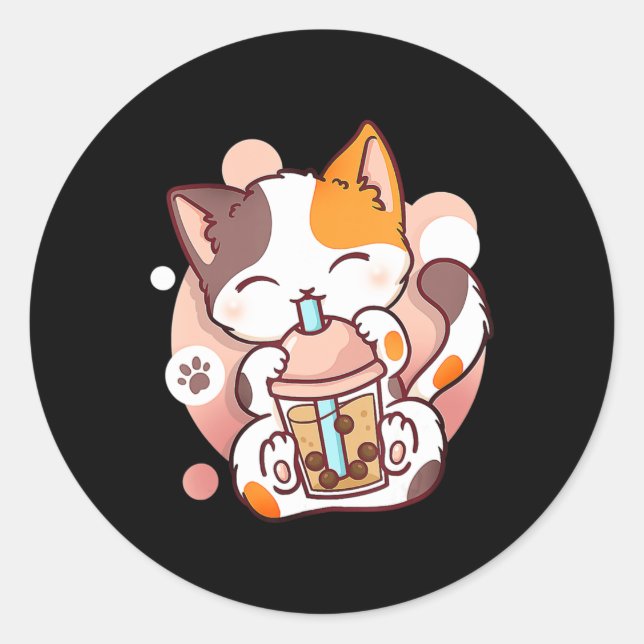 Sticker Rond Chat Boba Tea Bubble Tea Anime Kawaii Neko pour fi (Devant)