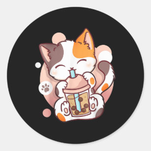 Sticker Rond Chat Boba Tea Buble Tea Anime Kawaii Neko