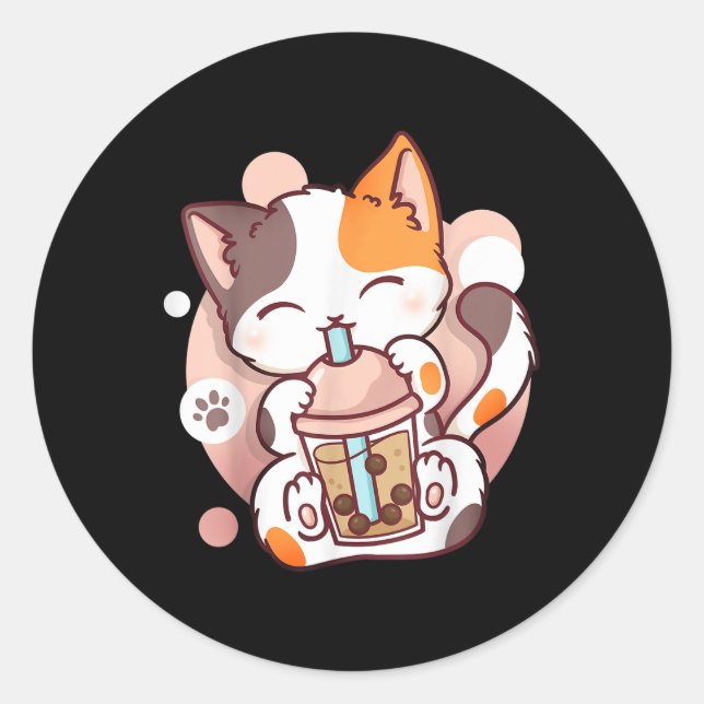 Sticker Rond Chat Boba Tea Buble Tea Anime Kawaii Neko (Devant)