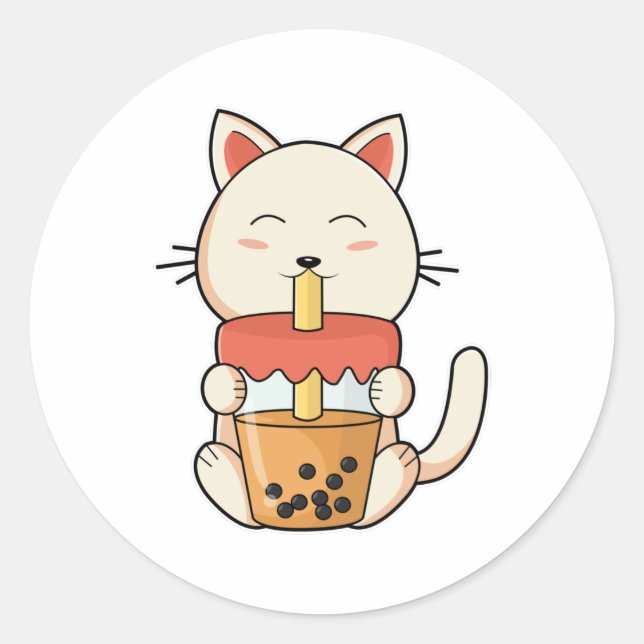 Sticker Rond Chat Boire avec Boire de la paille (Devant)
