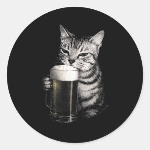 Sticker Rond Chat boit de la bière mème drôle hommes femmes cor