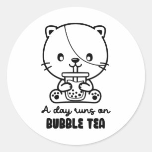 Sticker Rond Chat Boit du Thé à Bulles, Clipart de Thé Boba