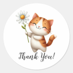 Sticker Rond Chat Brown gai tenant Merci de fleurs