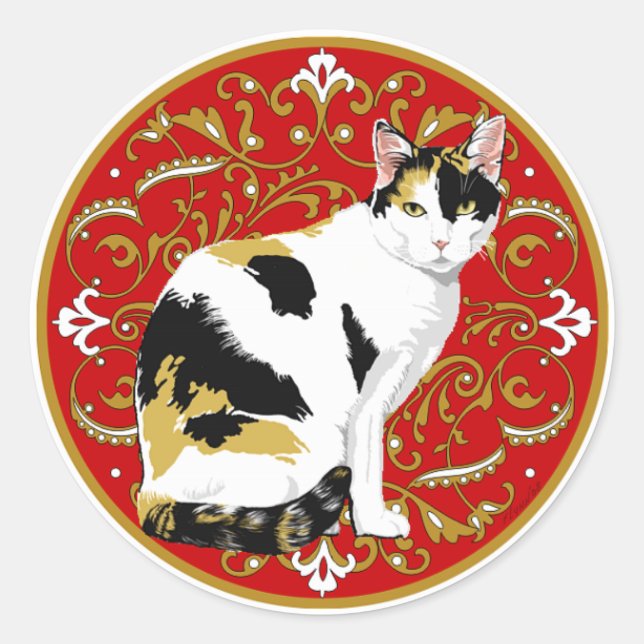 Sticker Rond Chat calico baroque (Devant)