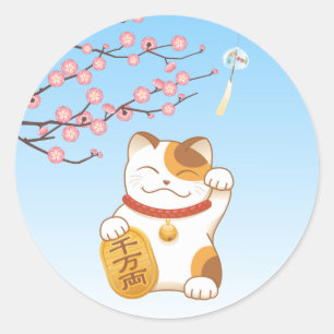 Sticker Rond Chat Calico Lucky Japonais, Maneki Neko