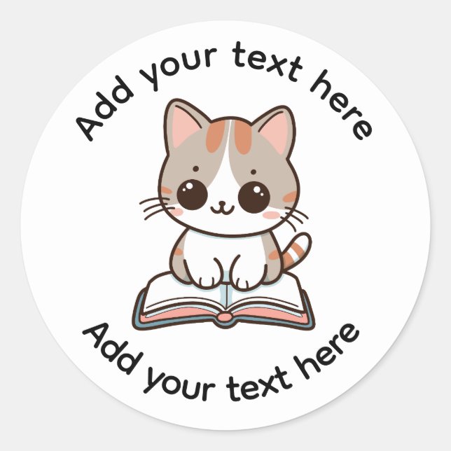 Sticker Rond Chat calicot mignon lisant un livre personnalisé (Devant)