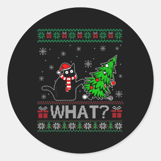 Sticker Rond Chat Ce Chat Noir Drôle Poussant Arbre De Noël Ug (Devant)