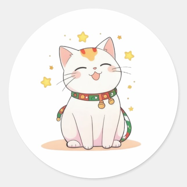 Sticker Rond Chat Chanceux avec Étoiles Design Kawaii (Devant)
