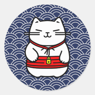 Sticker Rond Chat chanceux japonais ou Maneki-Neko