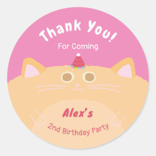 Sticker Rond Chat Chapeau de Fête Anniversaire Rose Merci Class