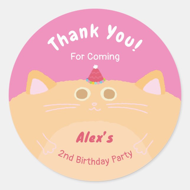 Sticker Rond Chat Chapeau de Fête Anniversaire Rose Merci Class (Devant)