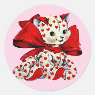 Sticker Rond Chat chaton blanc avec le coeur Vintage Valentines