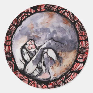 Sticker Rond Chat Chaton Calico Dilué Fleur de Pavot Rouge     