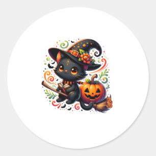 Sticker Rond Chat chauve Chat Noir Sorcière Casquette Citrouill