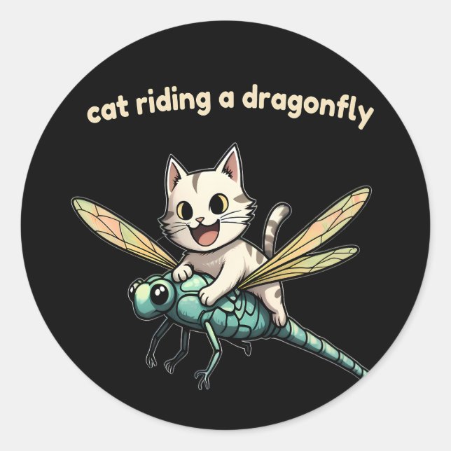 Sticker Rond Chat chevauchant une libellule, idée cadeau pour l (Devant)