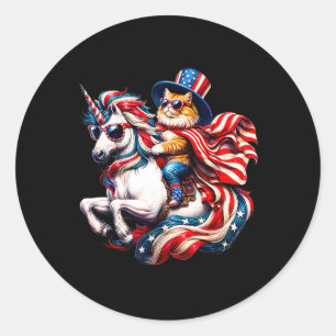 Sticker Rond Chat chevauchant une licorne drapeau américain pat