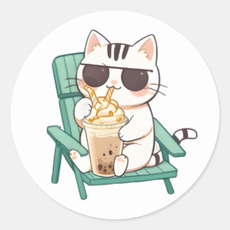 Sticker Rond Chat Chibi Mignon avec des Lunettes de Soleil Buva