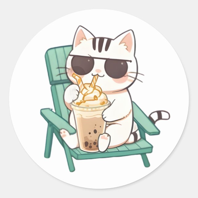 Sticker Rond Chat Chibi Mignon avec des Lunettes de Soleil Buva (Devant)