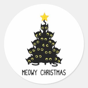 Sticker Rond Chat Christmas Tree mignonne Noir Kitten Lover Meo