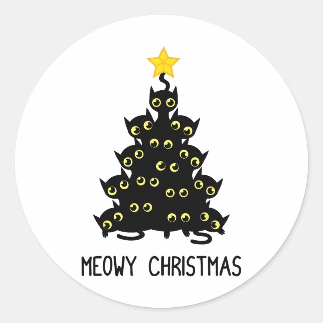 Sticker Rond Chat Christmas Tree mignonne Noir Kitten Lover Meo (Devant)