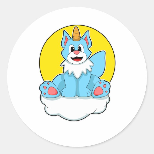 Sticker Rond Chat comme licorne sur nuages et soleil (Devant)