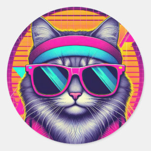 Sticker Rond Chat Cool rétro