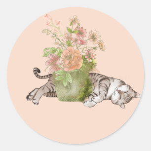 Sticker Rond Chat couché dans le jardin rose et vert