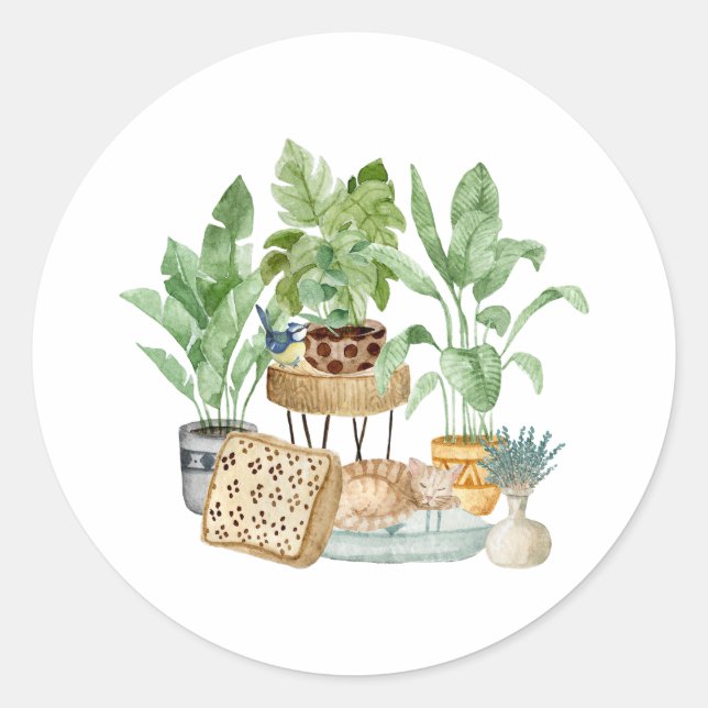 Sticker Rond Chat couché mignon et Plantes de maison (Devant)