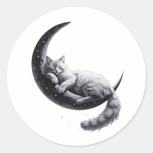 Sticker Rond Chat couché mignon sur la Lune - Poster esthétique