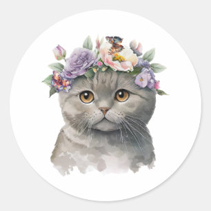 Sticker Rond Chat couleur gris mignonne avec fleurs et papillon