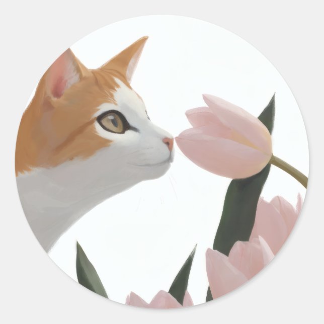 Sticker Rond Chat Curieux Floral de Printemps (Devant)