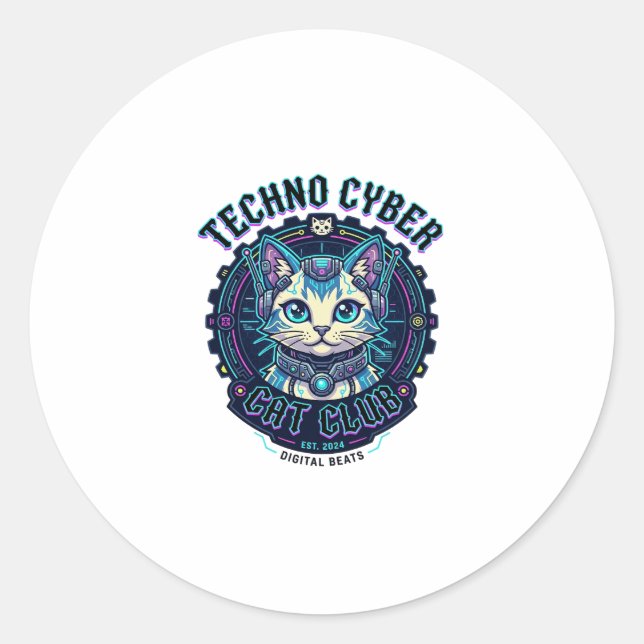 Sticker Rond Chat Cyber Techno Drôle Conception Amateur de Chat (Devant)