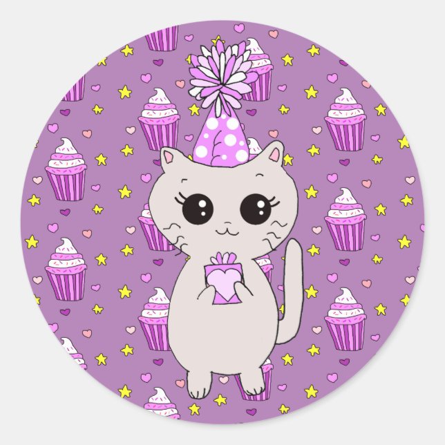 Sticker Rond Chat d'anniversaire mignon violet (Devant)