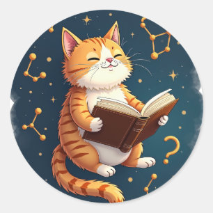 Sticker Rond Chat dans l'espace lisant un livre cosmique Astron