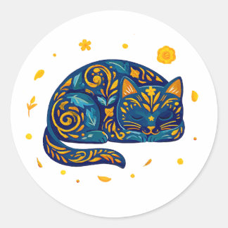 Sticker Rond Chat d'art populaire en bleu