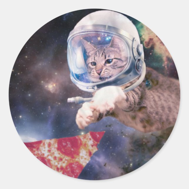 Sticker Rond Chat d'astronaute chassant une tranche de pizza (Devant)