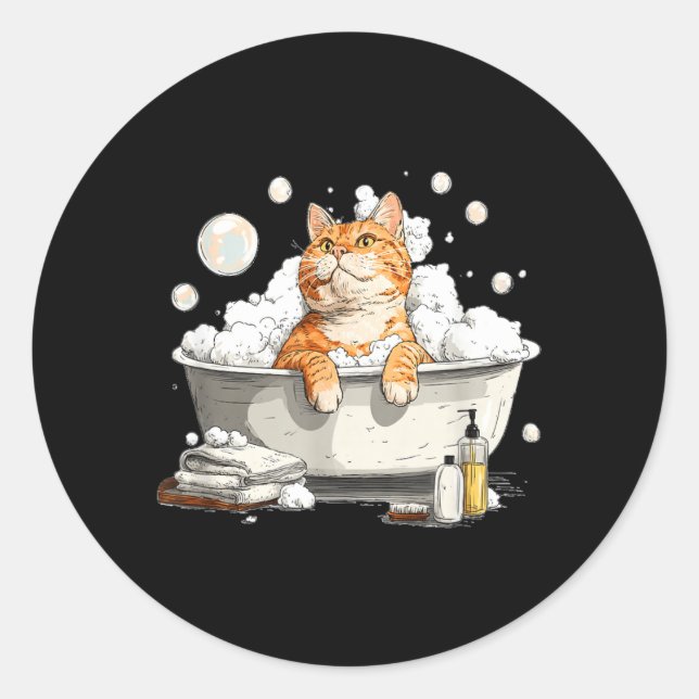 Sticker Rond Chat de bain génial avec mousse de bain et bulles (Devant)